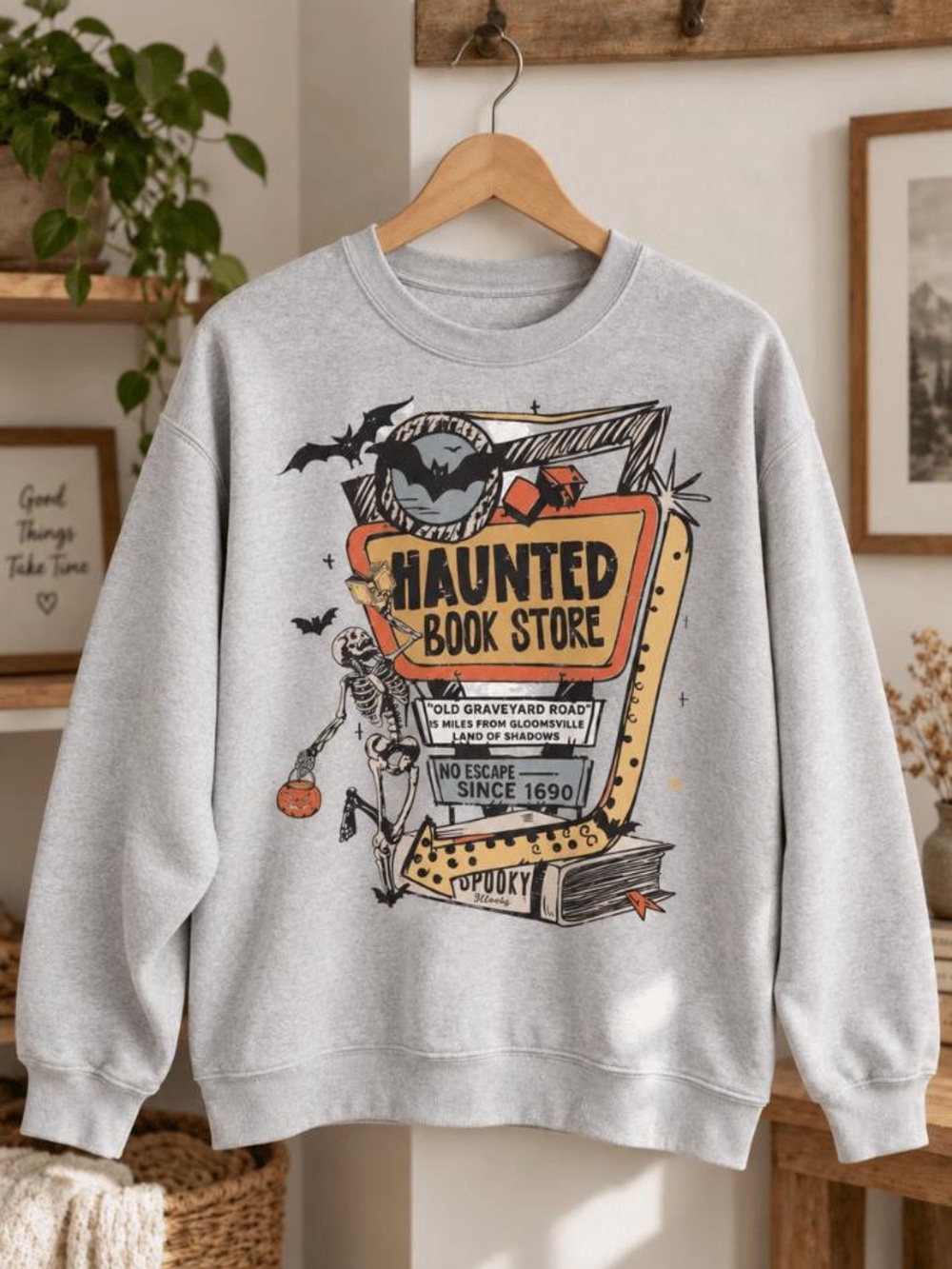 90s Vintage Haunted Book Store Graphic Crewneck Halloween Sweatshirt - Ash Gray